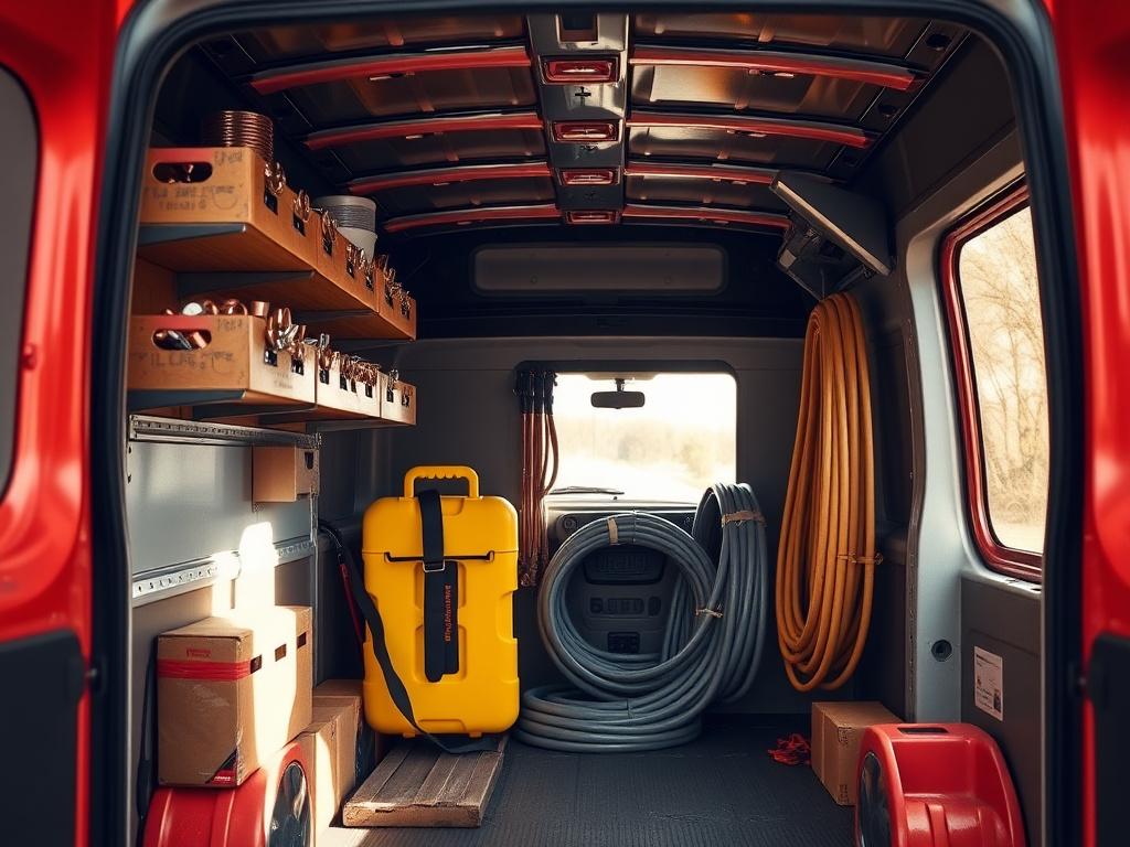 Ekovault service van interior organised with drawers of copper fittings and a pipe-locator case