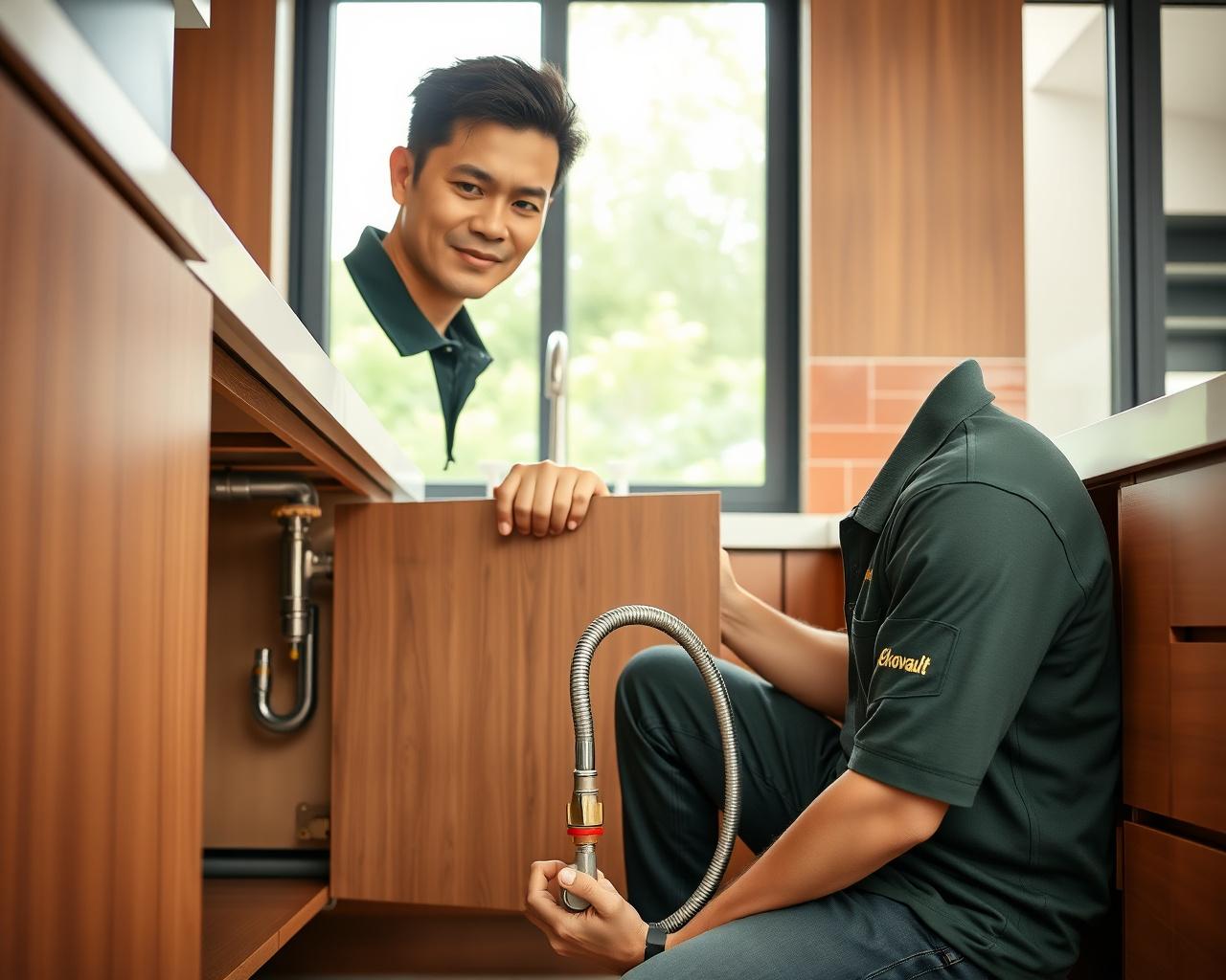 Ekovault technician inspecting under-sink pipework in a Petaling Jaya home