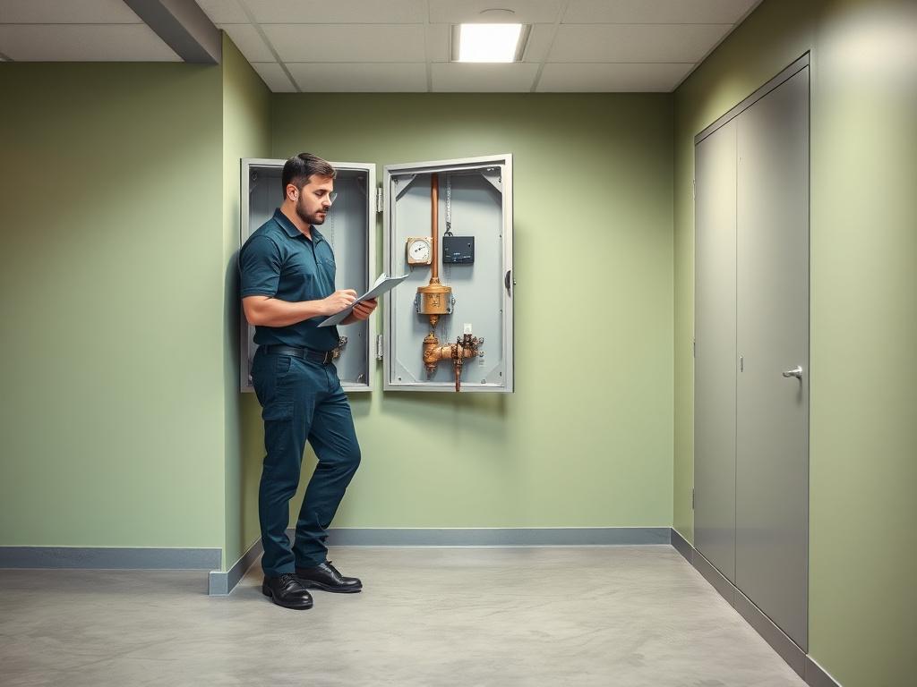 Technician inspecting a commercial water meter cabinet