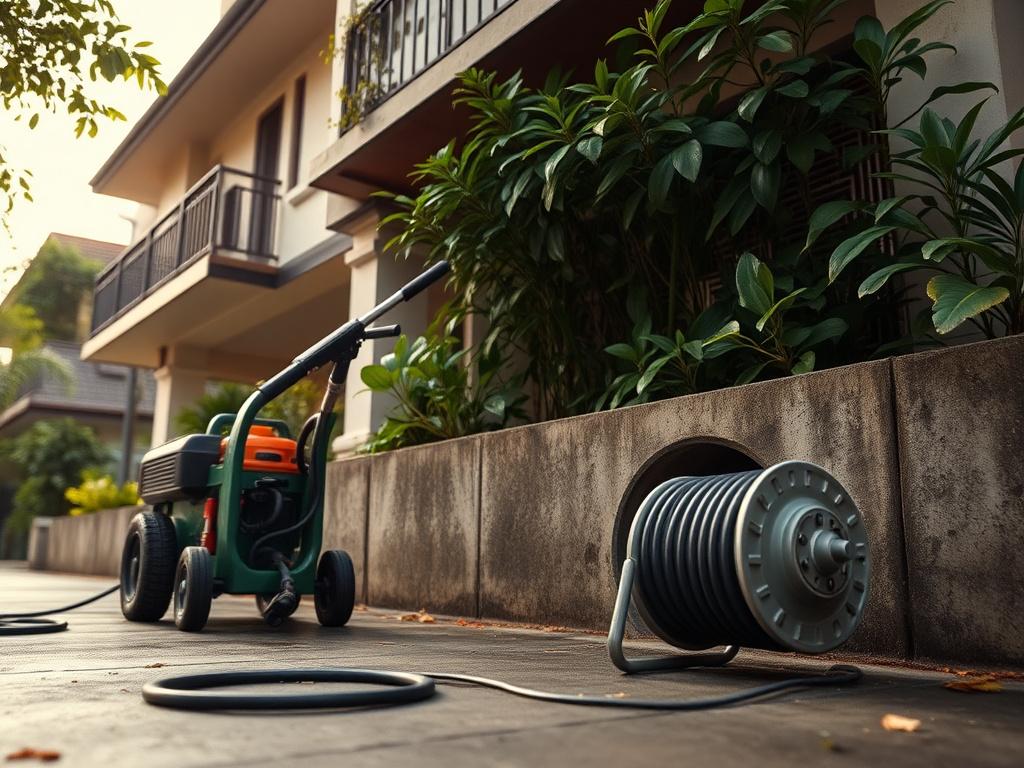 High-pressure drain jetting on a Malaysian condominium drainage line