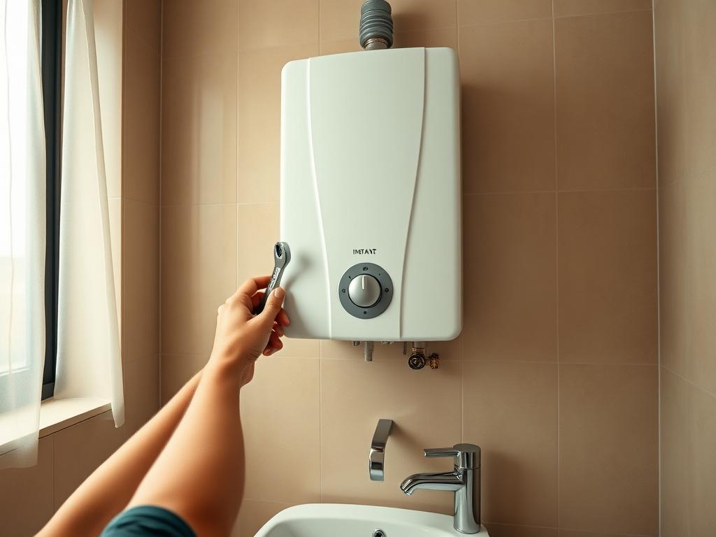 Wall-mounted instant water heater being installed in a bathroom