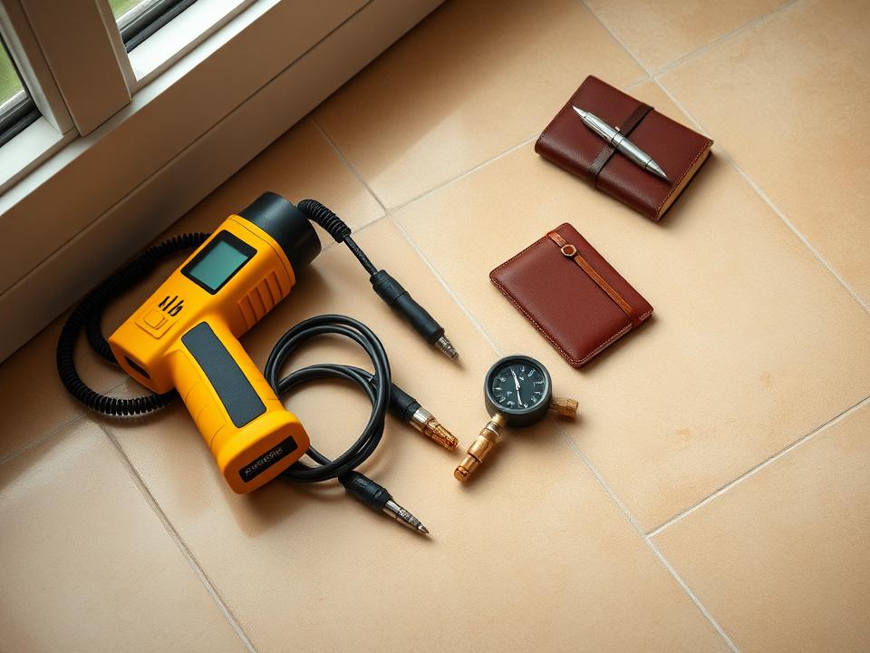 Ekovault leak-survey kit including acoustic listener and thermal camera laid on a tiled floor